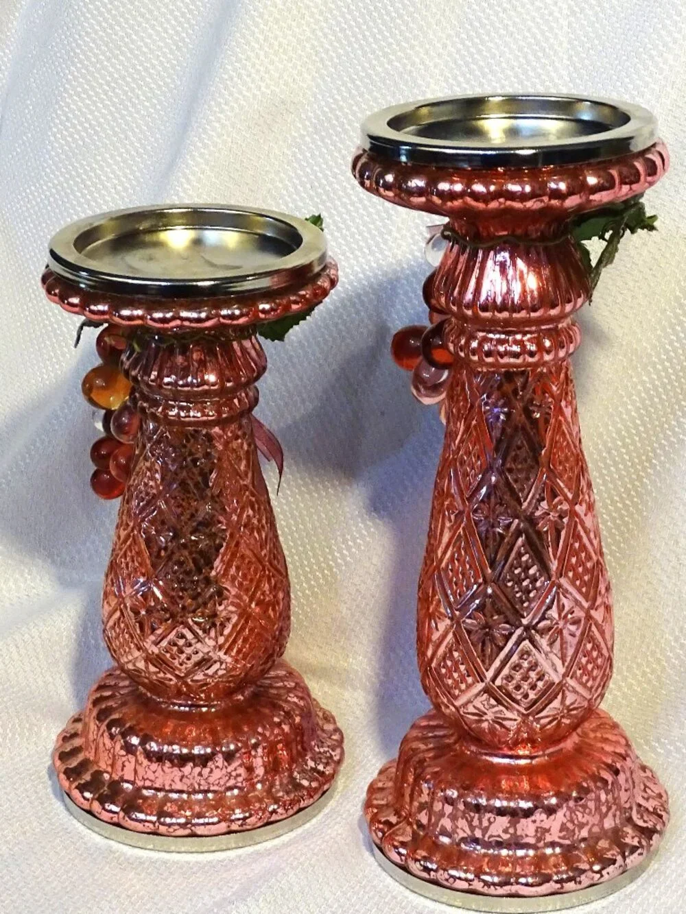 Pink Light  Up Glass Candlestick Holders with Glass Grapes